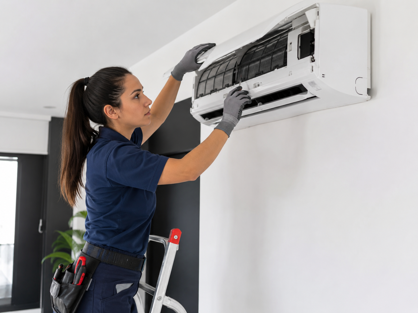 Técnico de aire acondicionado realizando mantenimiento en Panamá
